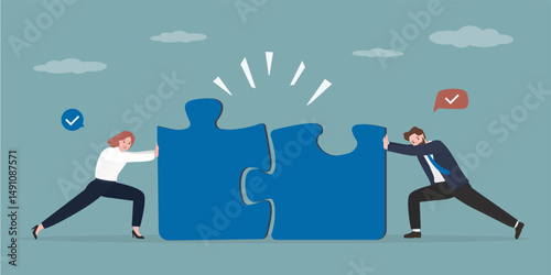 Business people push and connect jigsaw puzzle. Teamwork and partnership help to achieve team success, think together to solve business problem, business connection concept.