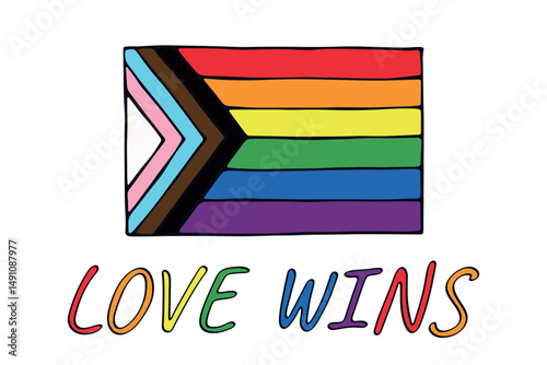 Colorful Lgbtq progress pride flag Happy pride day LGBTQ community Pride Month Vector hand drawn doodle for posters, stickers, logo, cards