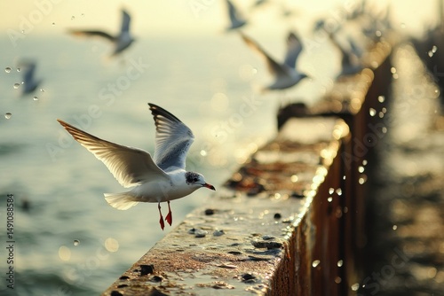 Birds taking off from the pier after a brief rest as the sun rises over the water, birds after rest on the pier take off to continue migration
