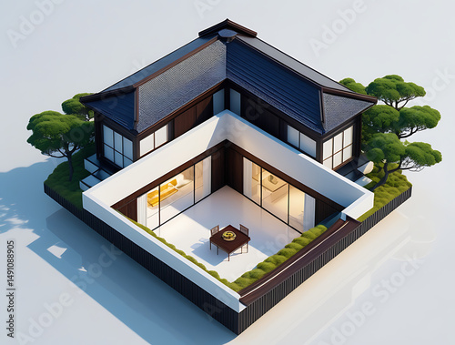 Modern Japandi Style House in Black and White, 3D Isometric