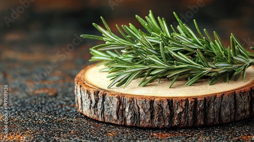 Rosemary sprigs on wooden slice