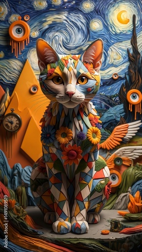 Phantasmagorical floral cat: image shows a whimsical cat with a mosaic pattern, adorned with flowers and surrounded by surreal elements such as eyes and a clock, against a stylized night sky.