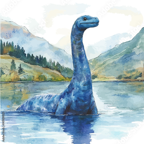 Loch Ness Monster Rising From The Scottish Lake, watercolor clipart vector, high quality, isolated on a white background.