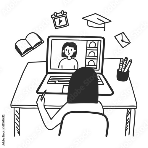 A student avatar attending an online class via laptop icon vector. Online student video learning logo