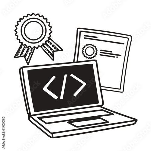 A coding bootcamp symbol with a laptop, code brackets and certificate badge icon vector. Online coding bootcamp logo