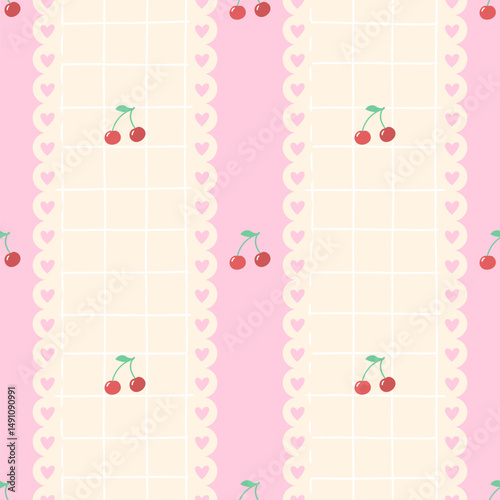 Kawaii cherries in a seamless summer pattern. Juicy and cute vector illustration for wrapping paper, clothing, and fruity print collections