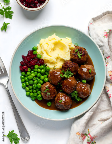 meatballs, with, smashed, potatoes, peas, dark, cranberries, sauce, köttbullar, new, top, view, modern, minimal, food, meat, meal, on, turquoise, plate, background, isolated, cloth, white, dinner,  photo