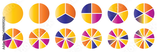 Gradient  Colorful Pie Charts and Progress Circles for Data Visualization vector. A colorful pie chart is divided into one to twelve slices.