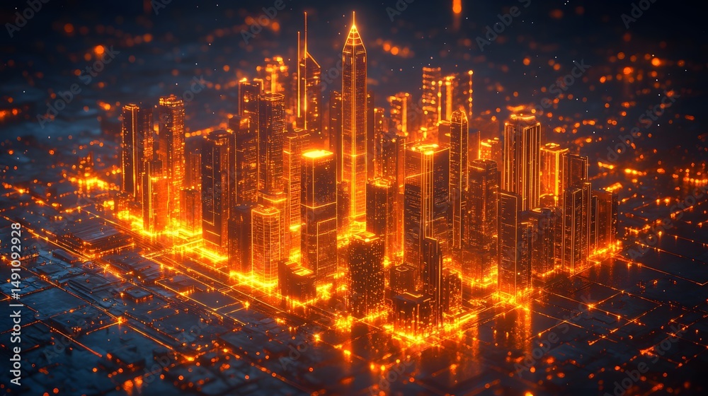 Fototapeta premium Isometric illustration of a golden futuristic cityscape