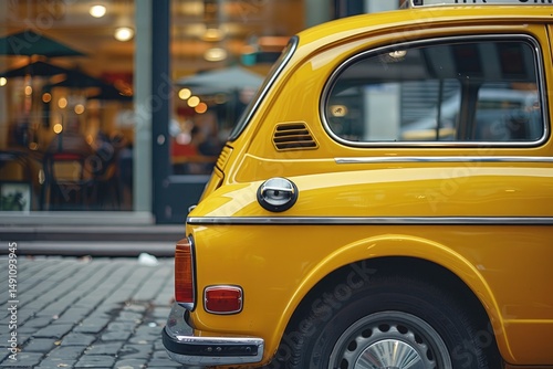 Vibrant yellow vintage automobile parked by a cafe.