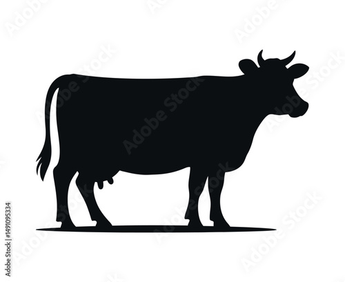 Simple Black Silhouette of a Cow Standing Side Profile on White Background