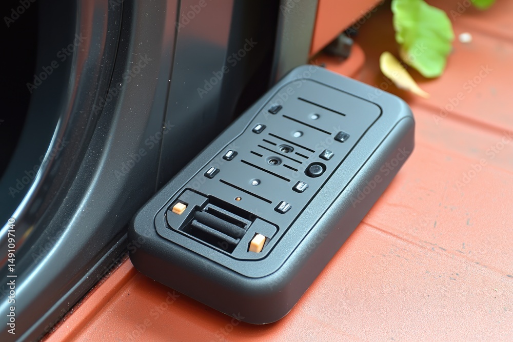 Obraz premium Small, dark security box resting on a reddish surface.