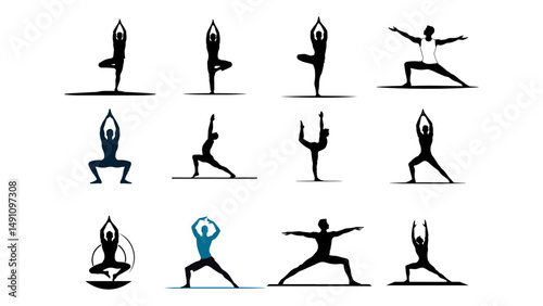 set yoga silhouettes vector, simple illustrations of yoga poses, set of people doing yoga pose shape vector illustration, simple shapes of yoga poses