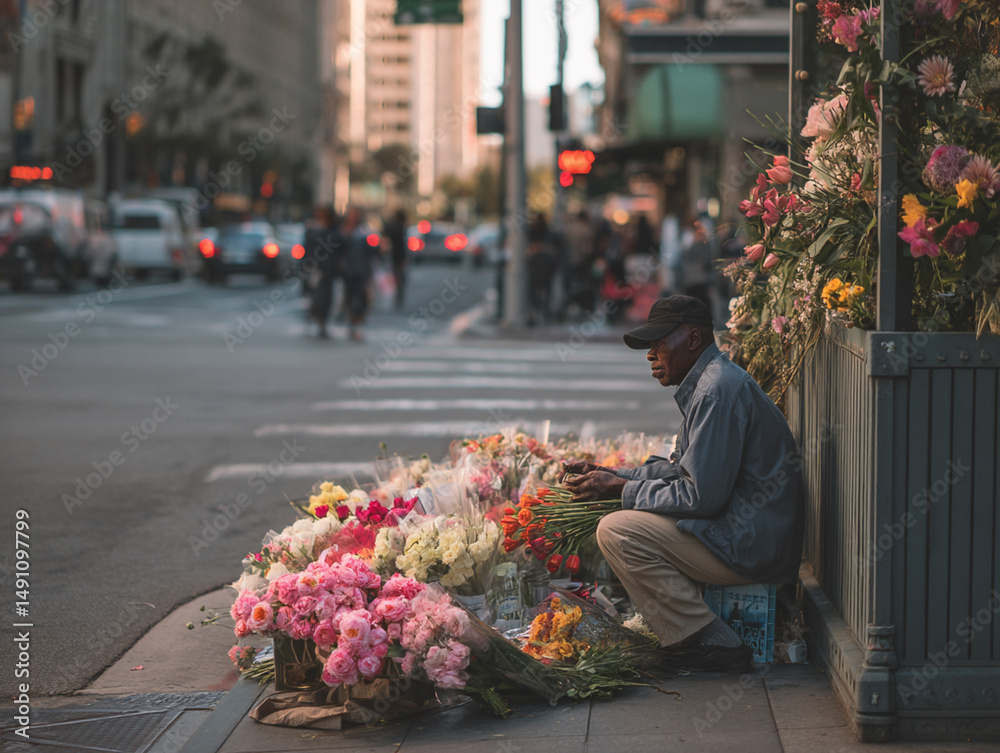 Fototapeta premium Flower Vendor Street Scene: Vibrant City Market and Urban Lifestyle Delight in Colorful Floral Arrangements - Capturing Local Economy and Nature's Artistry in Bustling Urban Environment