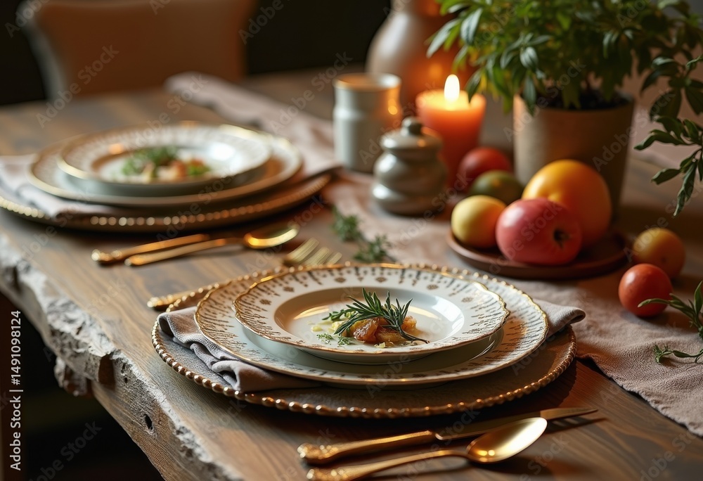 Fototapeta premium elegant stylish dinnerware set displayed rustic wooden table table linens culinary accents, reception, crockery, plates, bowls, cups, utensils, cutlery
