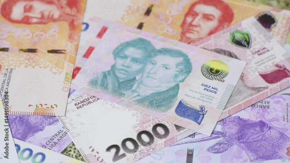Background of Argentine peso paper money, notes with different denominations. Doing business, conceptual background