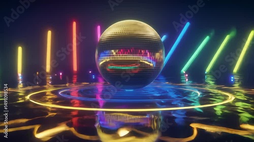Disco Ball with Neon Lights in Dark Setting