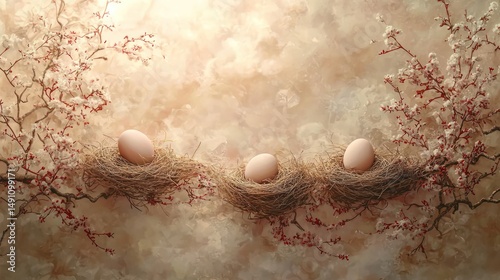 Three eggs in nests on branches