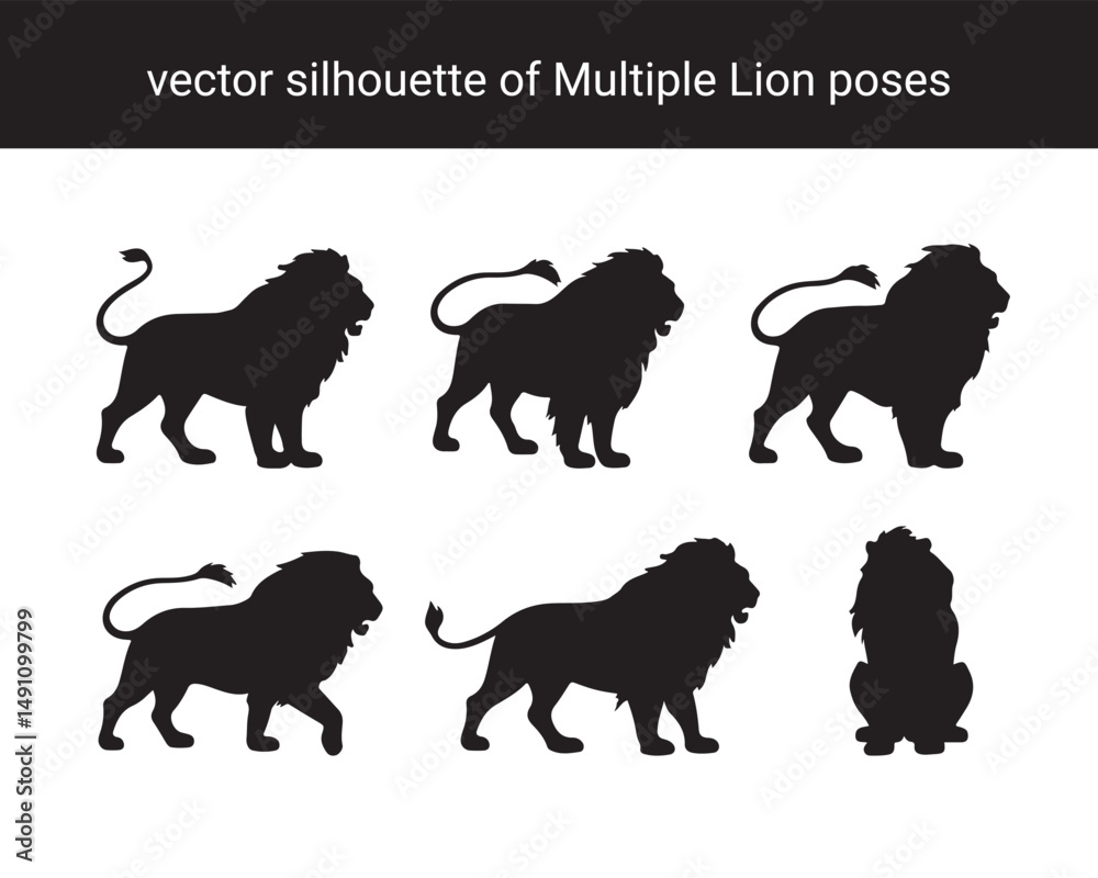 Naklejka premium Majestic Lion Silhouette Set – Multiple Powerful Poses for Iconic and Elegant Wildlife Vector Designs