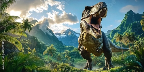 Fototapeta Naklejka Na Ścianę i Meble -  Roaring Tyrannosaurus rex in tropical jungle with mountains and sky.