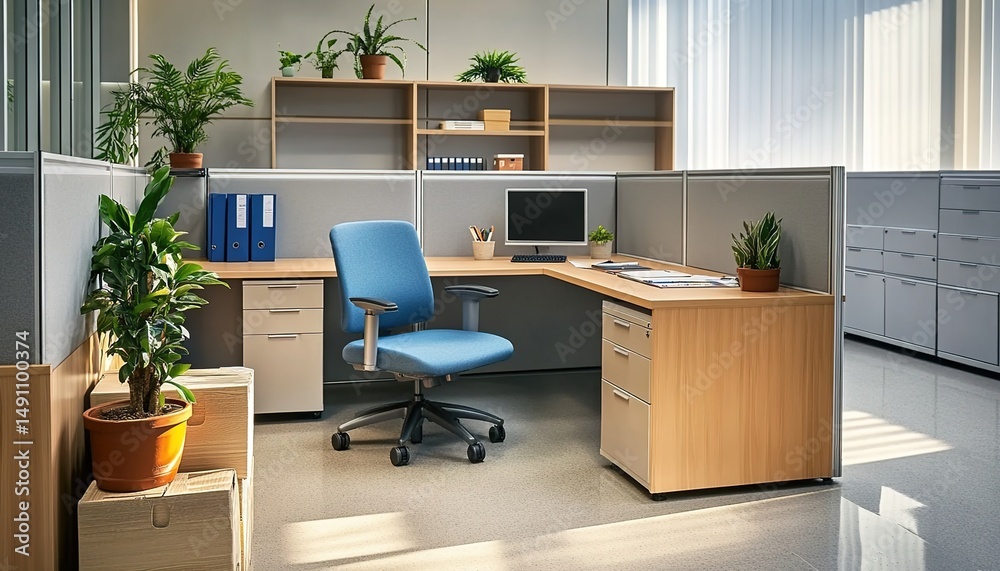 Fototapeta premium Modern office cubicle with blue chair, desk, shelves, and plants.
