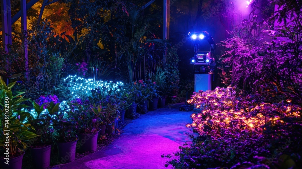 Fototapeta premium Neon Illuminated Botanical Garden Path at Night with Futuristic Element