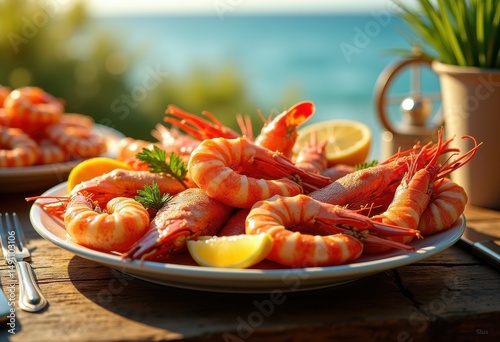 vibrant seafood platter sunlit colors fresh ingredients dockside experience summer vibes, wood, sunlight, waves, mussels, shrimp, crab, lobster, fish, grill