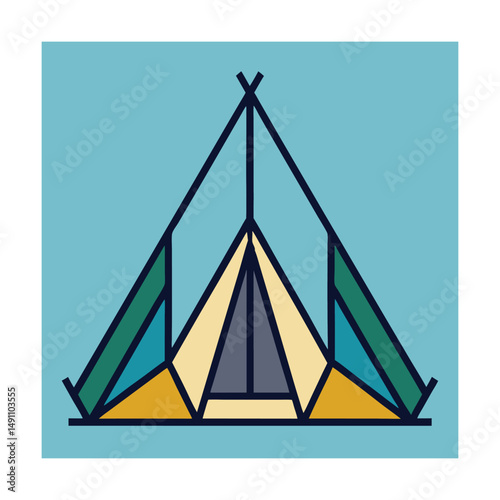 Geometric illustration of a colorful teepee tent on a light blue background for outdoor adventure