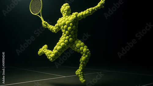 Tennis player made of balls in mid-air serve pose with spotlight on dark court