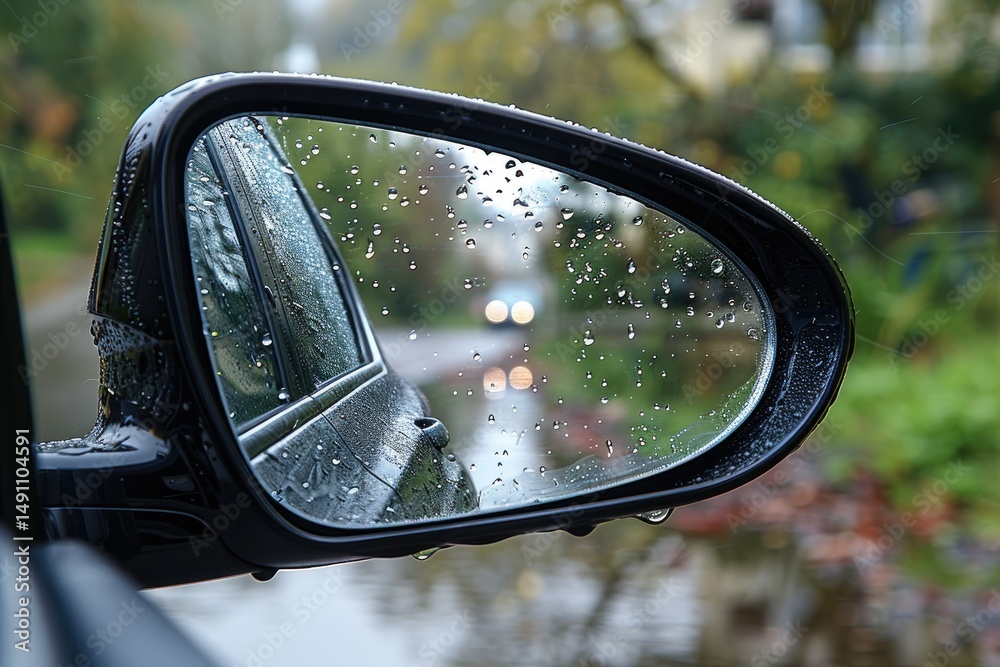 Close-up view of a car's side-view mirror on a rainy day. Close-up view of a car's side-view mirror on a rainy day.