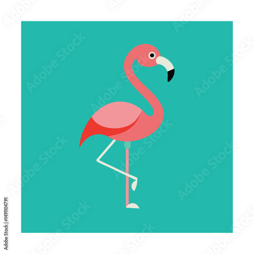 Flat design flamingo illustration standing on one leg against turquoise background in square format