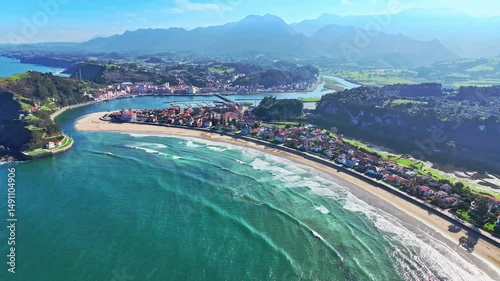 Ribadesella village in Asturias aerial view with Sella river skyline