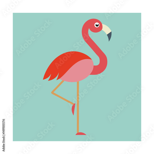 Flat design illustration of a vibrant flamingo standing on one leg in front of a blue background