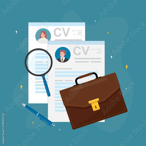 Recruitment process, interview, job vacancies. Job search, reviewing CV. Curriculum vitae or resume documents, magnifying glass, pen and briefcase. We are hiring.