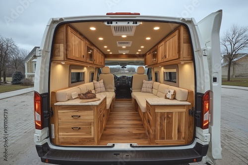 Interior view of a custom-built camper van with wooden accents.