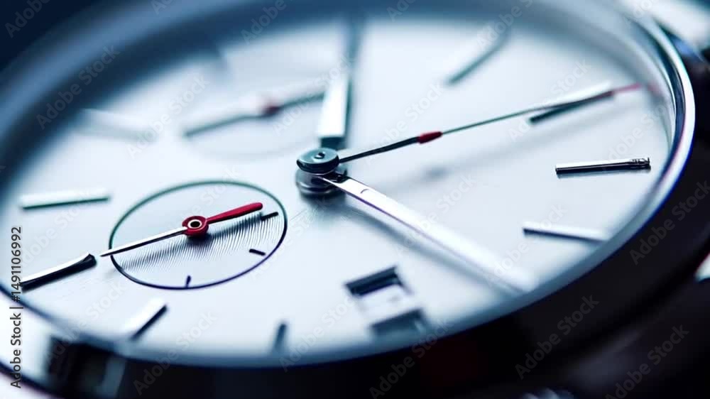 Elegant chronograph watch face with silver hands and markers on a white background, showing the passing of time with its moving second, minute, and hour hands