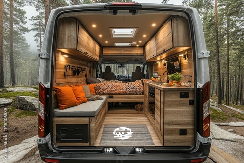 Interior view of a customized camper van.