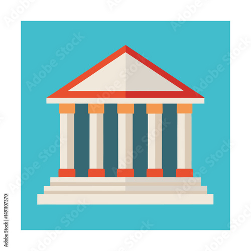 Flat illustration of classical temple building with columns on turquoise background