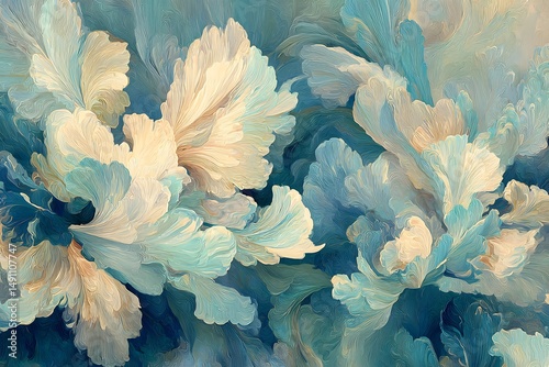 Abstract Floral Painting: Teal and Ivory Swirl: An abstract painting featuring a mesmerizing swirl of teal and ivory floral forms, evoking serenity and elegance.