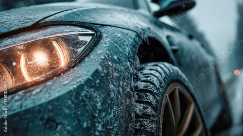 Close-up of a frozen car headlight and tire in winter, highlighting icy road conditions and cold weather vehicle details