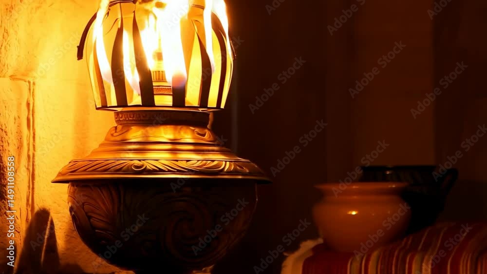 Glowing antique kerosene lamp with burning flame inside a dimly lit room featuring neutral stone wall and patterned fabrics in background