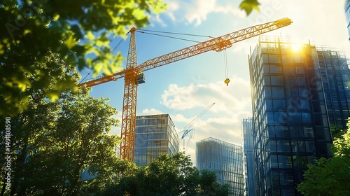 A construction site with a yellow tower crane, blue sky with clouds, green trees, and partially-constructed high-rise buildings under sunlight.