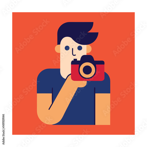 Photographer holding a red camera illustration in a simple flat design style on orange background