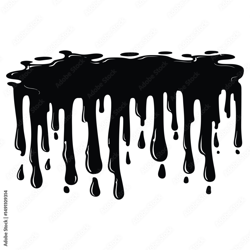 Black ink splatter and drips on a white background, Black dripping paint with irregular shape, abstract art design