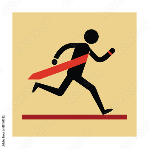 Simple illustration of a stick figure athlete running to cross the finish line successfully
