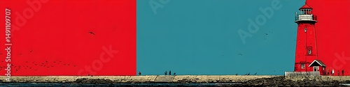 Coastal Sentinel: A striking lighthouse stands tall against a vibrant, modern backdrop, evoking a sense of guidance and serenity amidst the vastness of the sea. 