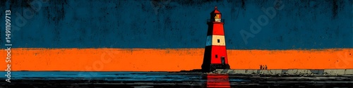 Beacon of Guidance: A solitary lighthouse stands tall, its vibrant red and white facade contrasting with the serene blue and orange of the coastal landscape.