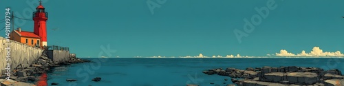 Red Lighthouse at Seaside: A tranquil coastal vista, featuring a vibrant red lighthouse standing guard, the serene blue sea meeting the cloud-dotted sky.