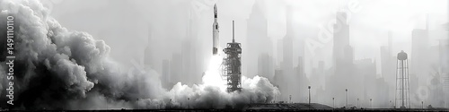 Rocket Launch: A powerful rocket ascends into a hazy sky, leaving a trail of smoke and vapor in its wake.  The monochrome palette emphasizes the dramatic scale of the launch.