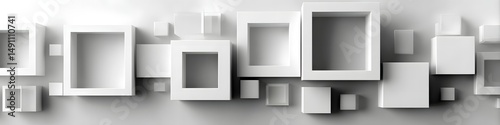 Abstract Geometric Composition: A visually striking arrangement of white, minimalist frames and blocks interplays with light and shadow, conveying a sense of modern sophistication.